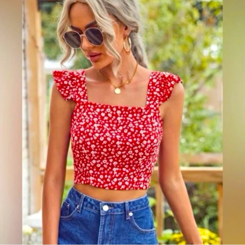Red floral open back crop top